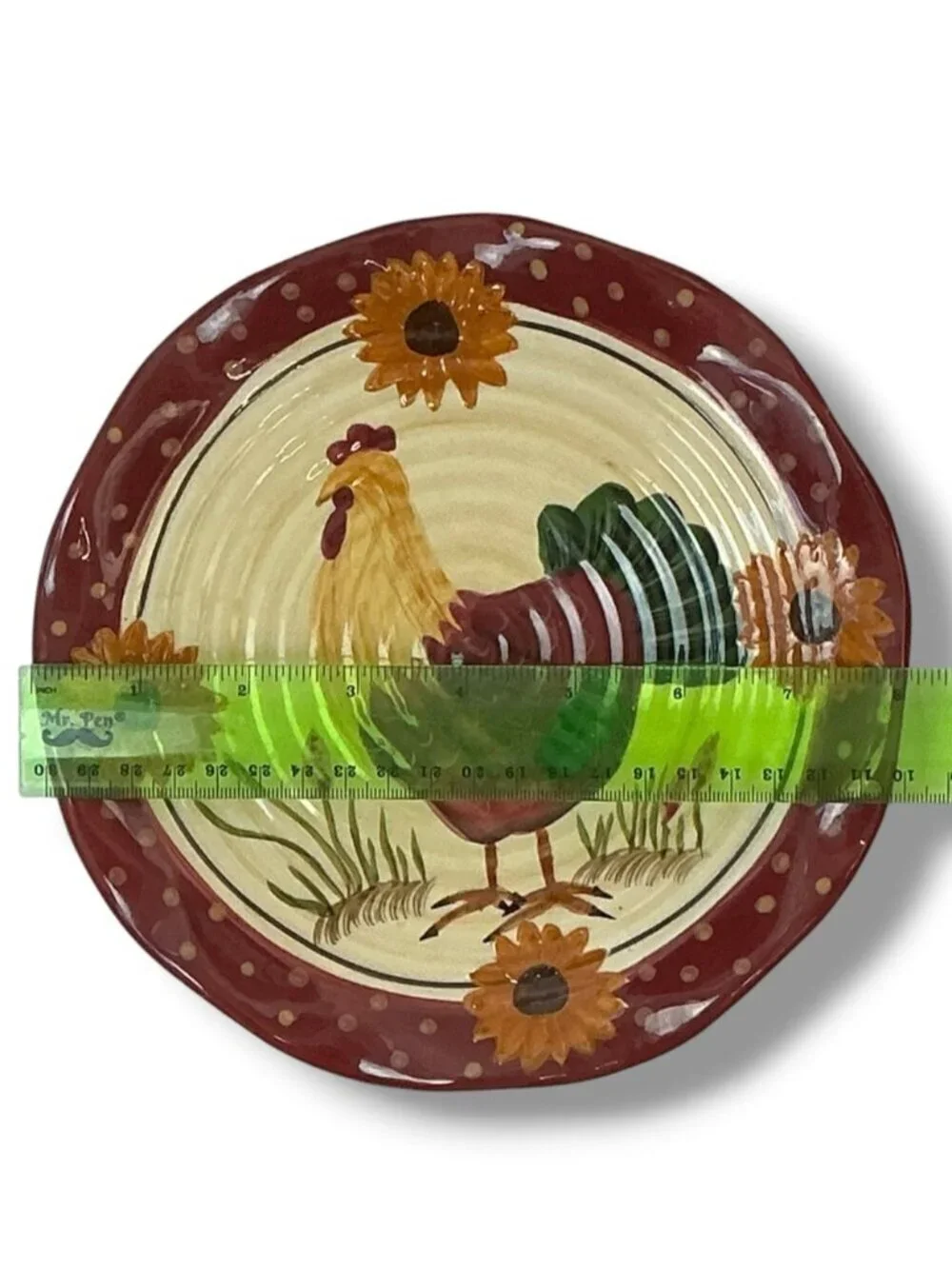 Hand Painted Rooster Sunflowers Decorative Plate Red Cream Yellow Vintage 1990